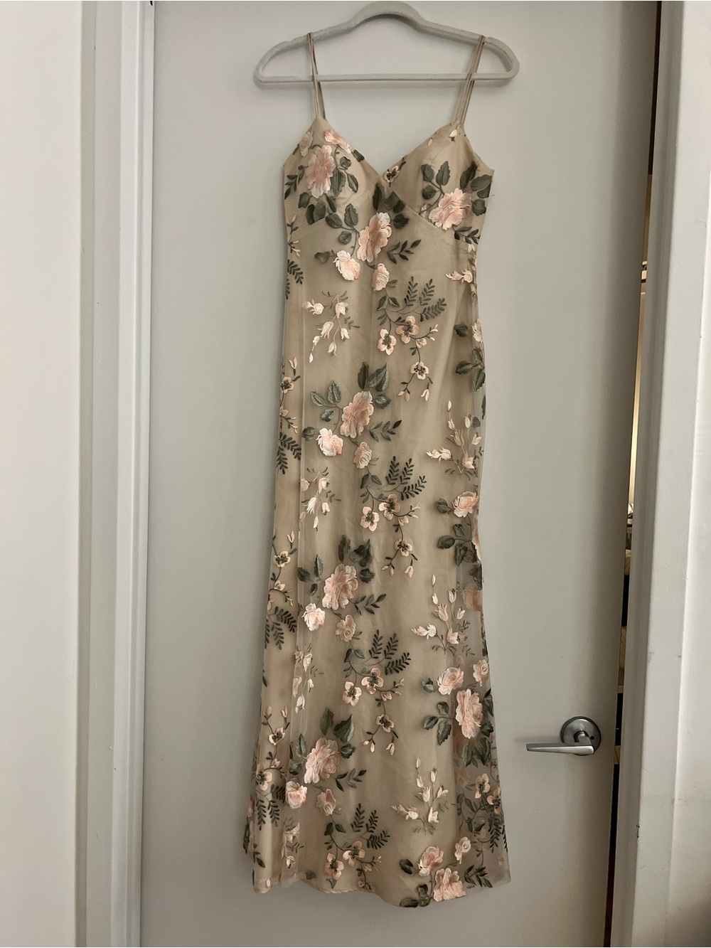 Jenny Yoo Blush Maxi Dress with Pink Floral Embroidery